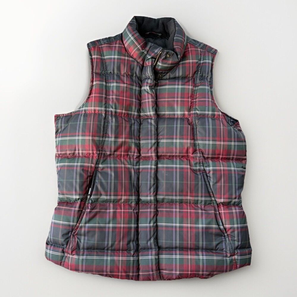 Eddie Bauer Women’s Premium Goose Down Puffer Vest Red Green Tartan Plaid Size S